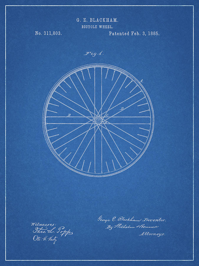 Bicycle Wheel Drawing - 1885 Bicycle Wheel Patent Drawing by Dan Sproul
