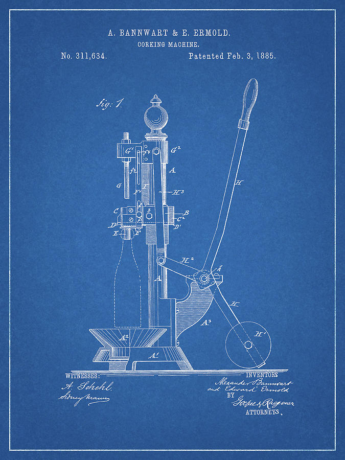 Wine Drawing - 1885 Bottle Corking Machine Patent by Dan Sproul