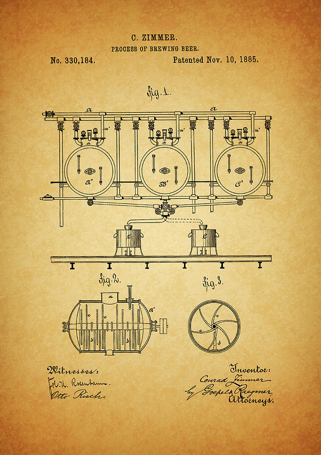 Beer Drawing - 1885 Brewing Beer Patent by Dan Sproul