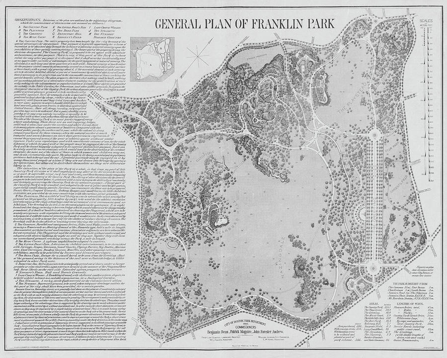 1885 General Plan of Franklin Park Map in Color Boston MA Dorchester MA Black and White Photograph by Toby McGuire