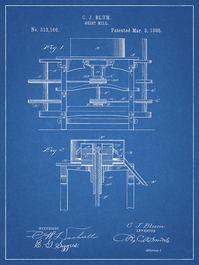 1885 Grist Mill Patent Drawing by Dan Sproul