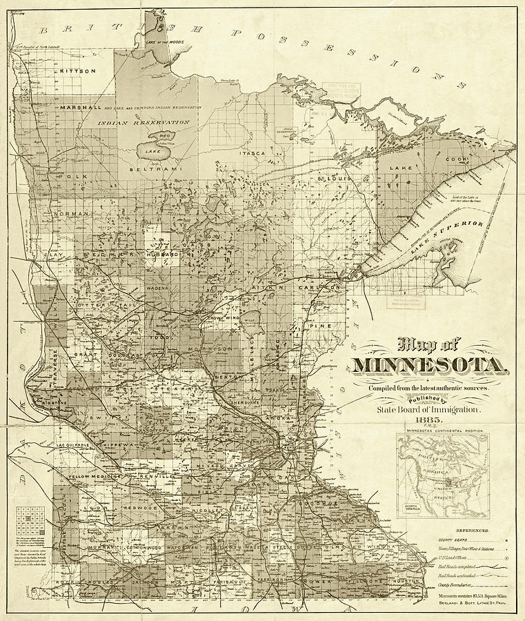 1885 Historical Map of Minnesota in Sepia Photograph by Toby McGuire