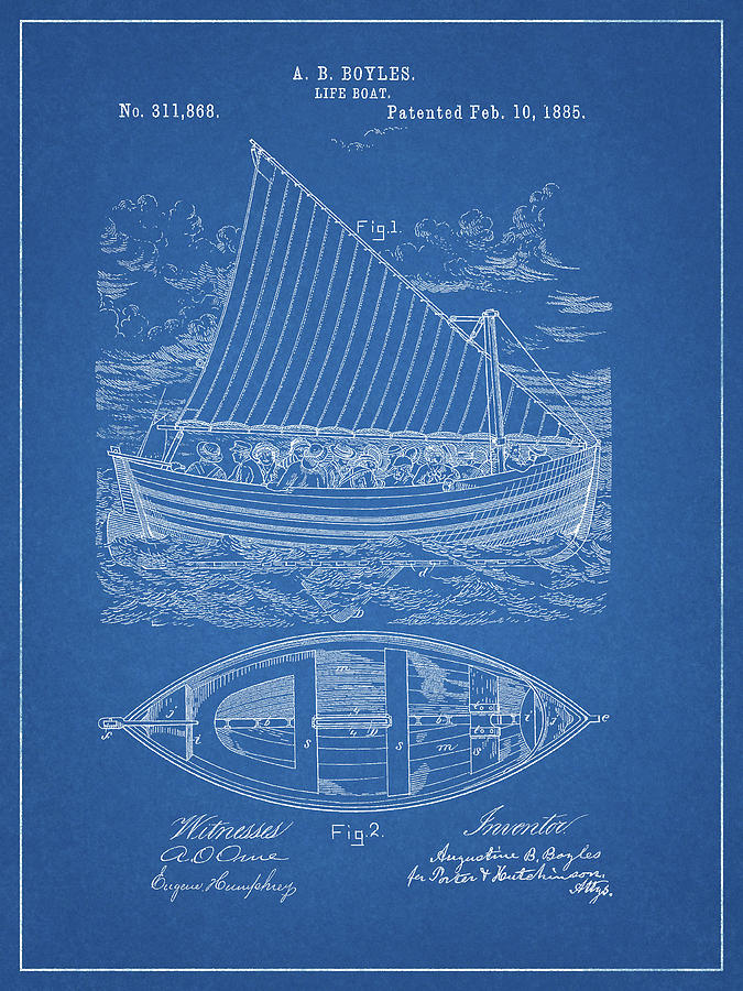 Boat Drawing - 1885 Life Boat Patent by Dan Sproul