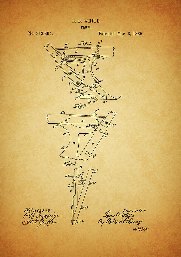 Farm Drawing - 1885 Plow Patent by Dan Sproul