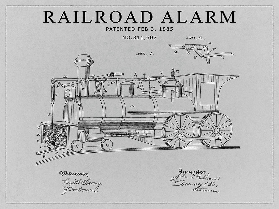 Train Drawing - 1885 Railroad Alarm Patent by Dan Sproul