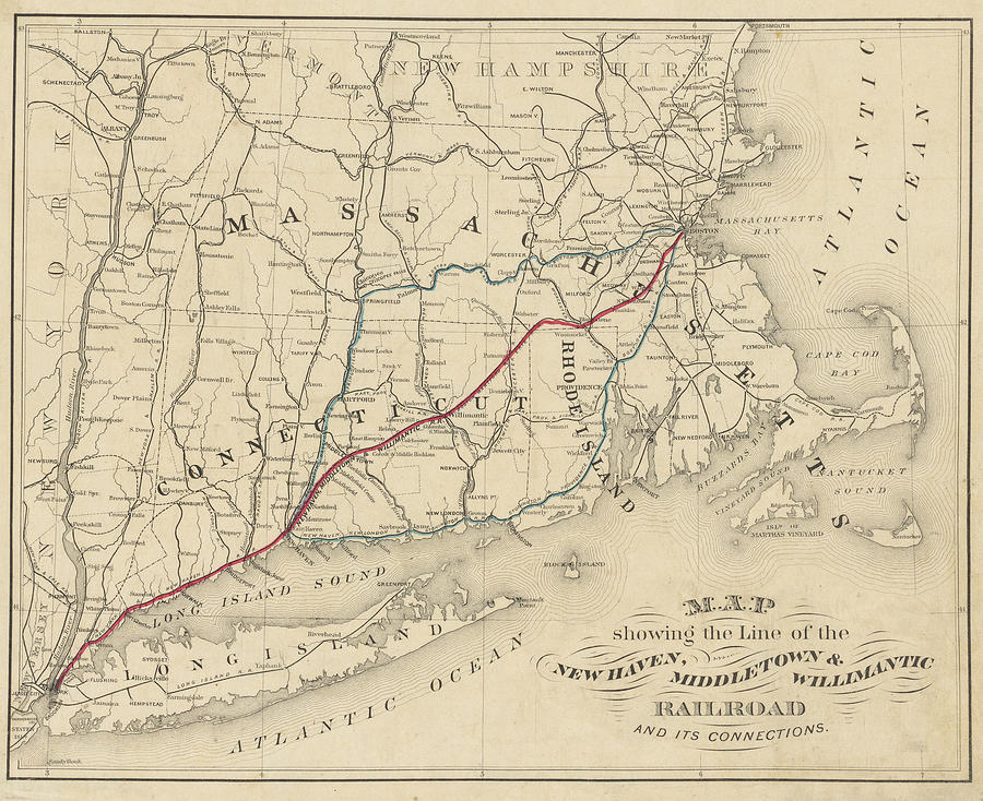 1885 Railroad Map of New England Massachusetts Connecticut and Rhode Island in Color Photograph by Toby McGuire