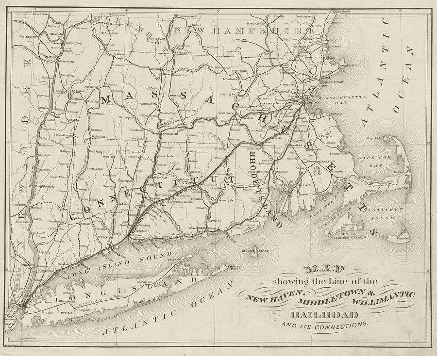 1885 Railroad Map of New England Massachusetts Connecticut and Rhode Island in Sepia Photograph by Toby McGuire