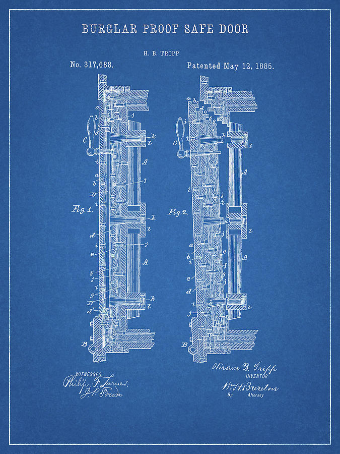 1885 Safe Door Patent Drawing by Dan Sproul
