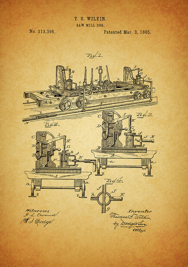 1885 Saw Mill Dog Patent Drawing by Dan Sproul