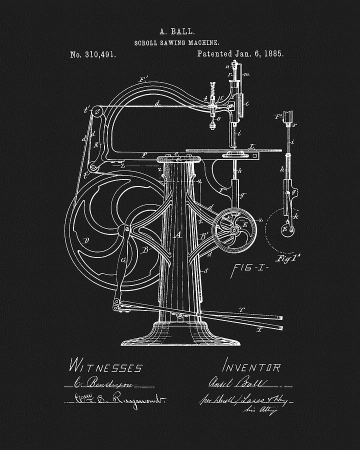 Saw Drawing - 1885 Sawing Machine Patent by Dan Sproul