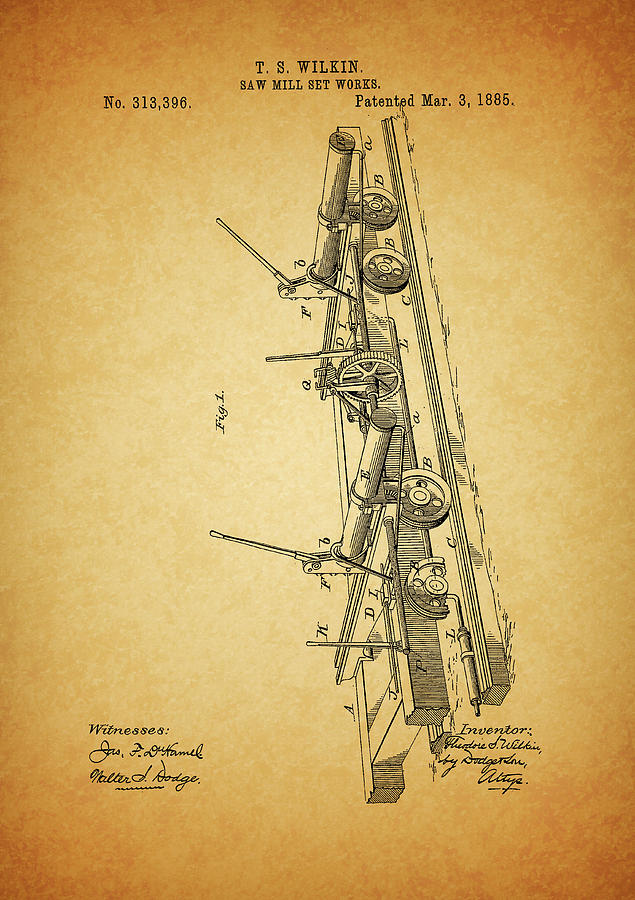 1885 Sawmill Patent Design Drawing by Dan Sproul