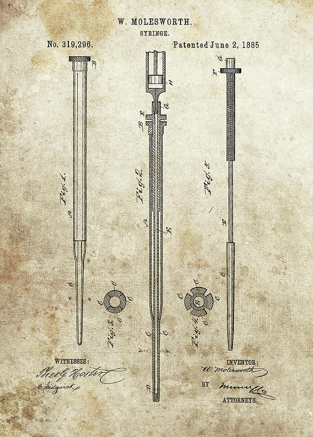 1885 Syringe Patent Drawing by Dan Sproul