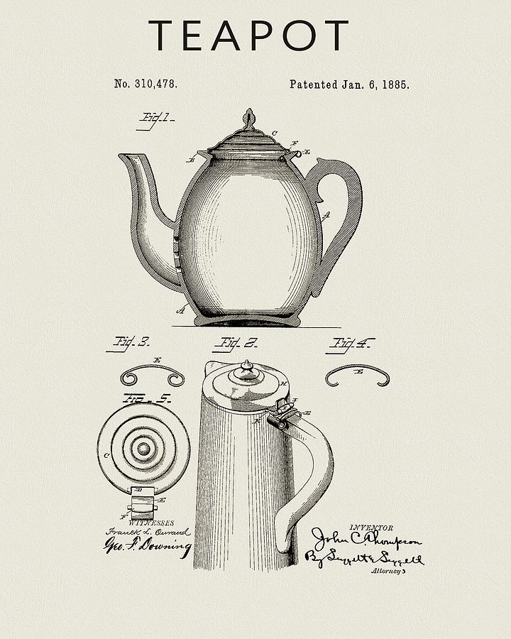 Teapot Drawing - 1885 Teapot Patent by Dan Sproul