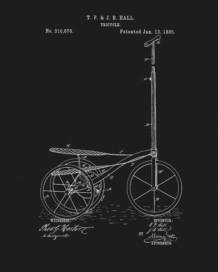 Tricycle Drawing - 1885 Tricycle Patent by Dan Sproul