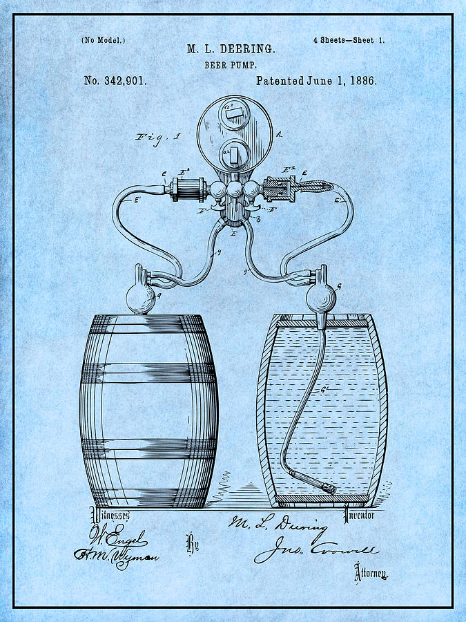 1886 Beer Tap Light Blue Patent Print Drawing by Greg Edwards