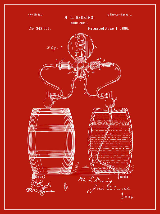 1886 Beer Tap Red Patent Print Drawing by Greg Edwards
