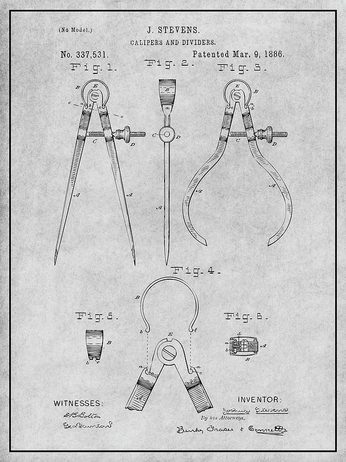 1886 Calipers and Dividers Gray Patent Print Drawing by Greg Edwards