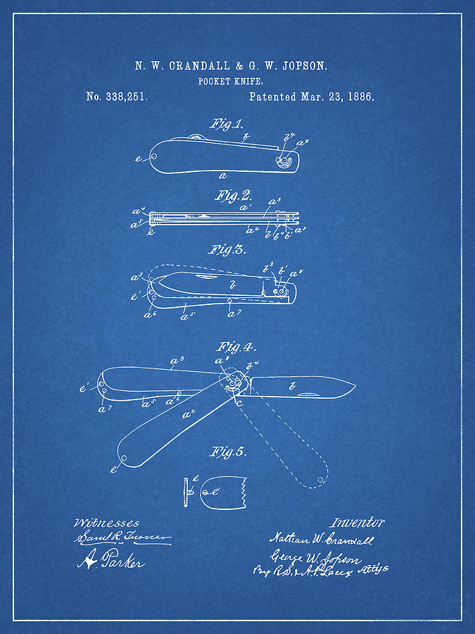 Vintage Drawing - 1886 Pocket Knife Patent by Dan Sproul