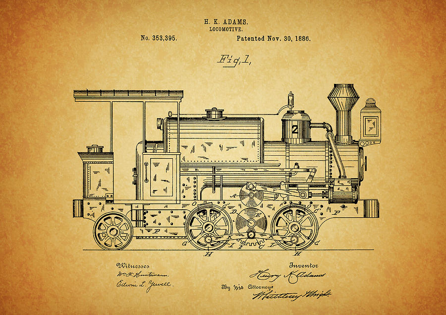 1886 Train Locomotive Patent Drawing by Dan Sproul