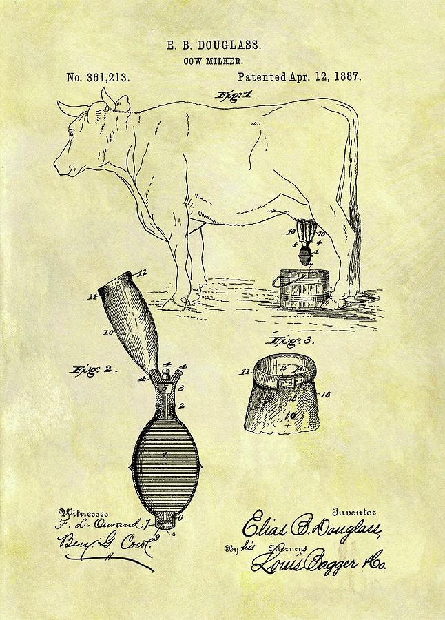 Farm Drawing - 1887 Cow Milker Patent by Dan Sproul