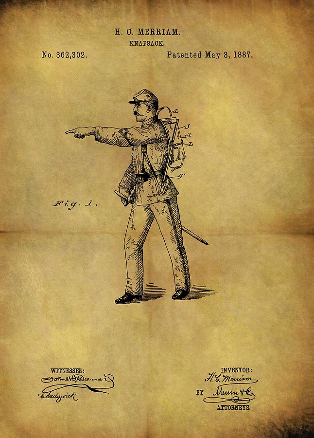 Military History Drawing - 1887 Military Knapsack Patent by Dan Sproul