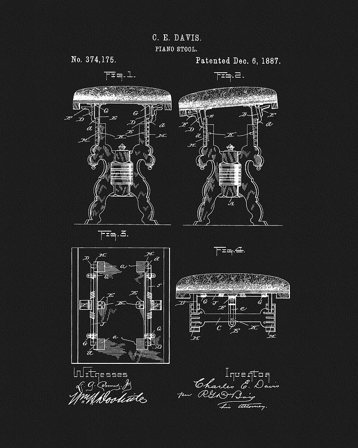 Music Drawing - 1887 Piano Stool Patent by Dan Sproul