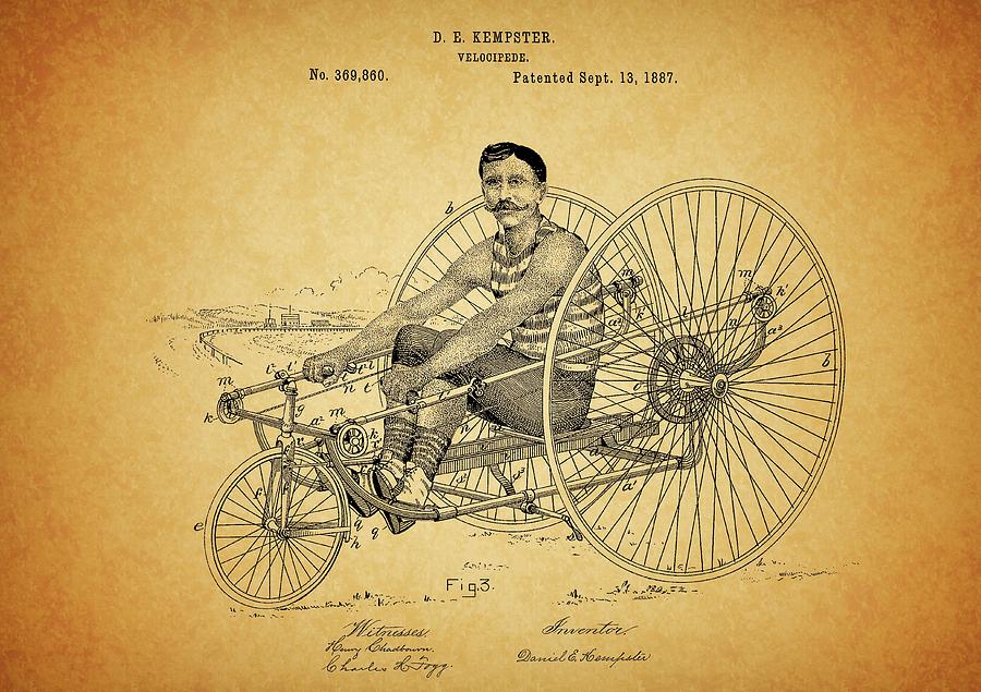 Bicycle Drawing - 1887 Velocipede Patent by Dan Sproul