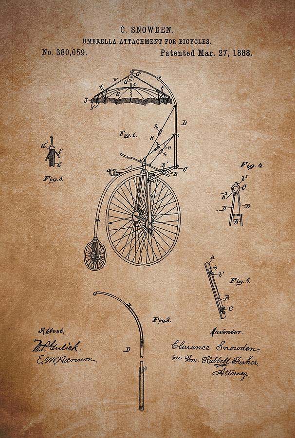 Bicycle Drawing - 1888 Bicycle Umbrella Patent by Dan Sproul