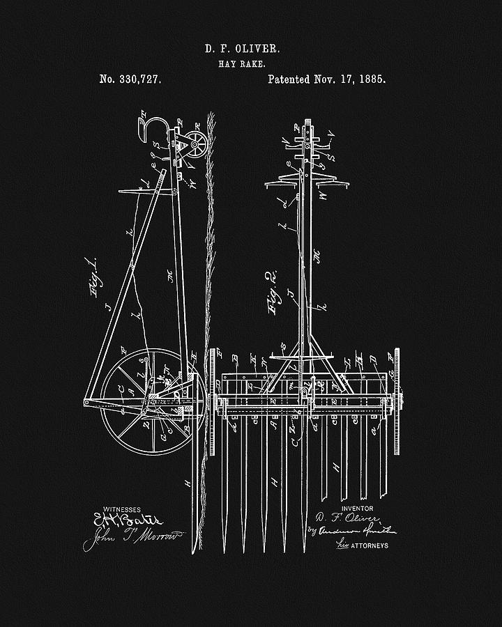 Farm Drawing - 1885 Hay Rake Patent by Dan Sproul