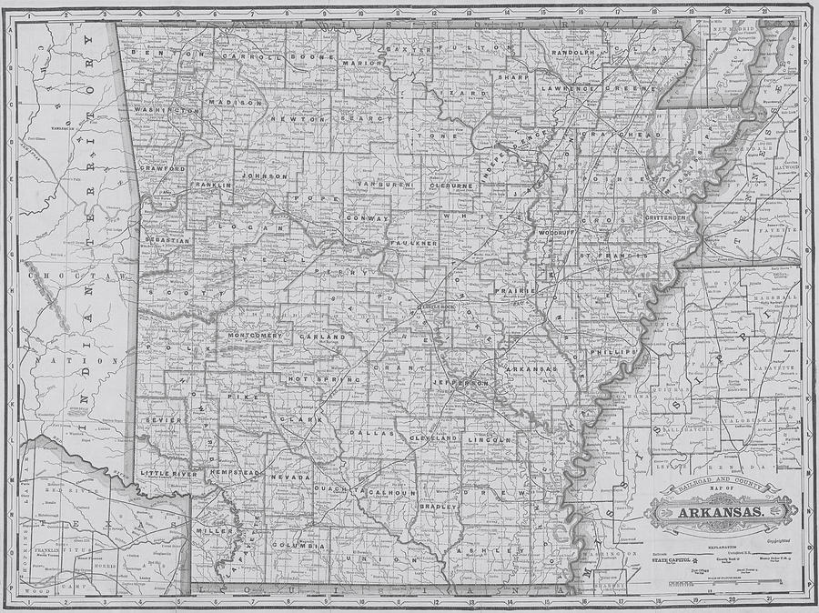 1888 Historical Arkansas Railroad Map Black and White Photograph by Toby McGuire