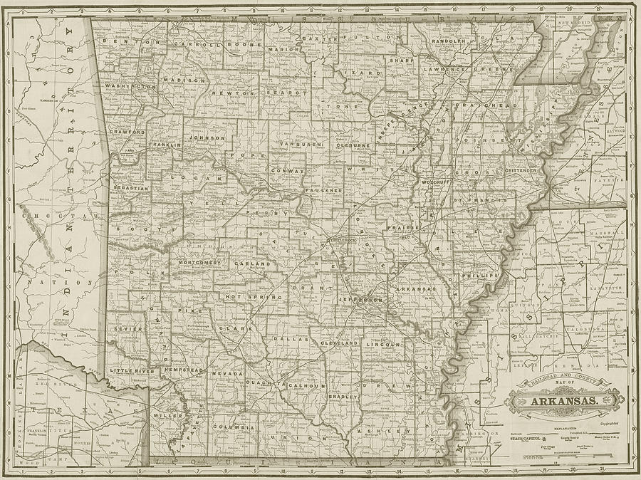 1888 Historical Arkansas Railroad Map in Sepia Photograph by Toby McGuire