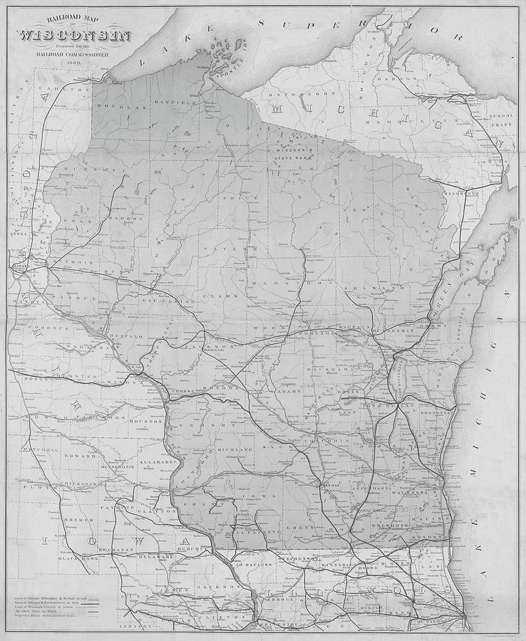 1888 Historical Railroad map of Wisconsin in Black and White Photograph by Toby McGuire