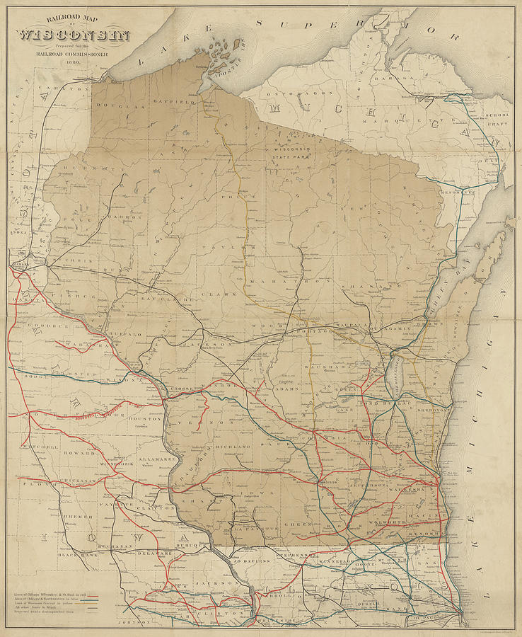 1888 Historical Railroad map of Wisconsin in Color Photograph by Toby McGuire
