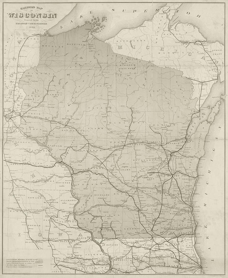 1888 Historical Railroad map of Wisconsin in Sepia Photograph by Toby McGuire