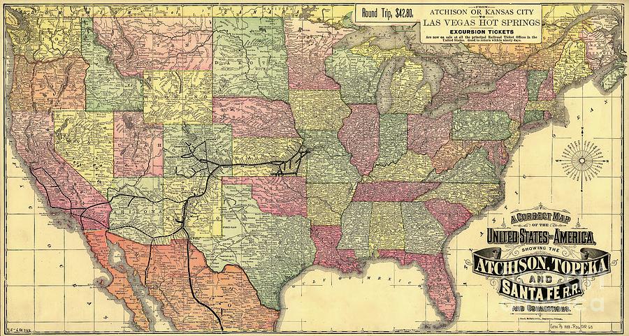 1888 Map Of The United States Of America Showing The Atchison Topeka