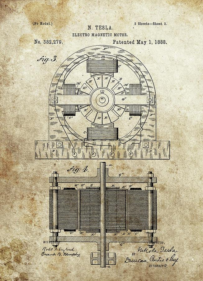 1888 Tesla Electro Motor Patent Drawing by Dan Sproul - Fine Art America