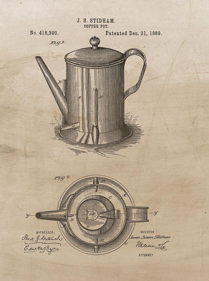 Coffee Drawing - 1889 Coffee Pot Patent by Dan Sproul