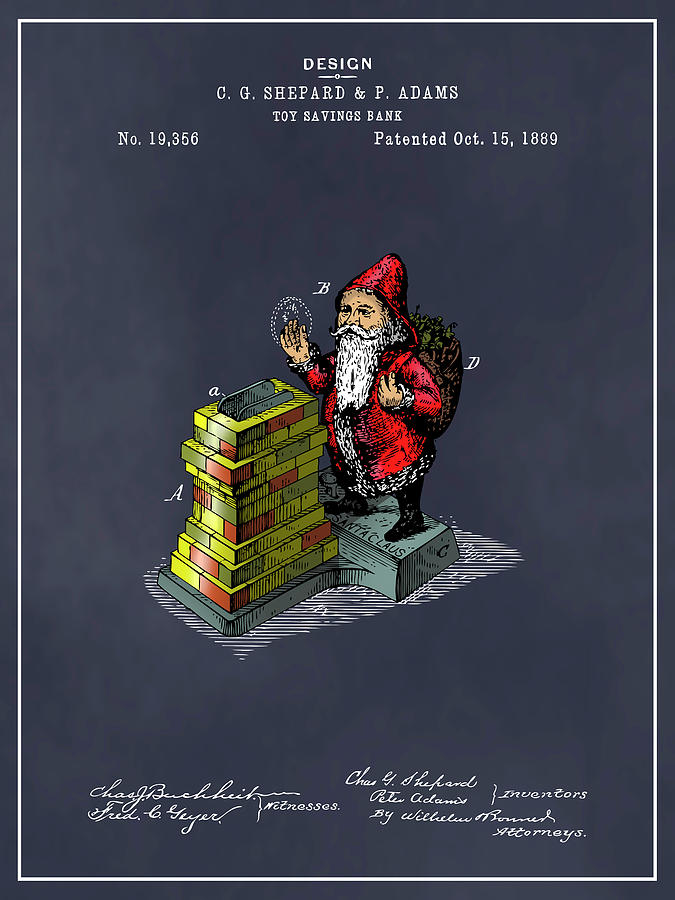 1889 Santa Toy Savings Bank Colorized Patent Print Blackboard Drawing