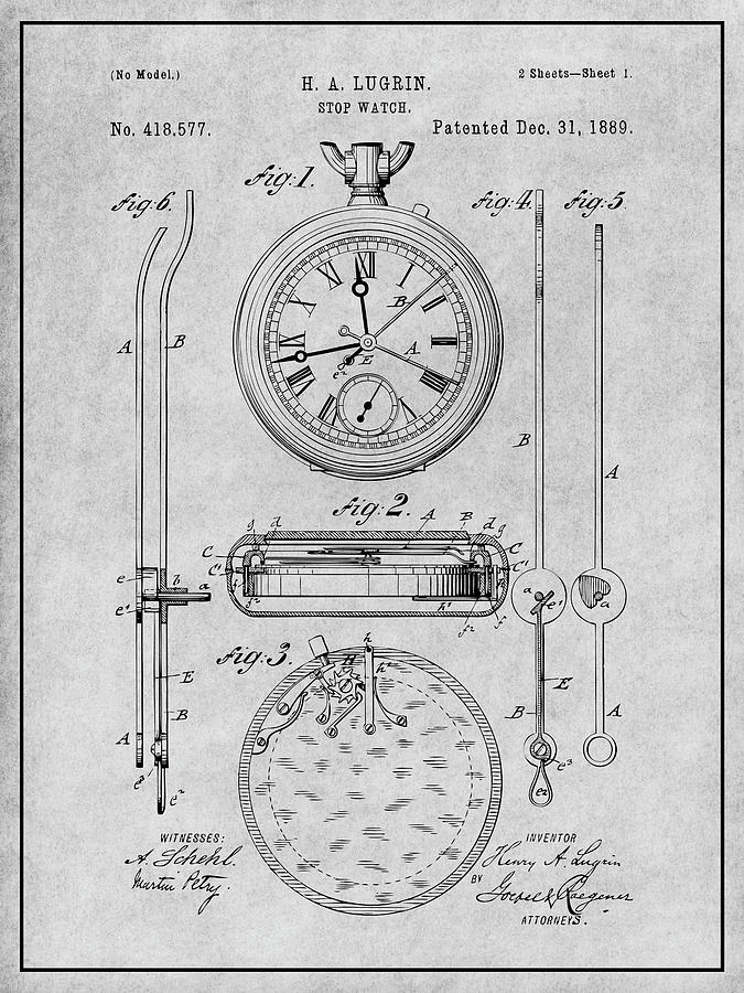 1889 Stop Watch Gray Patent Print Drawing by Greg Edwards