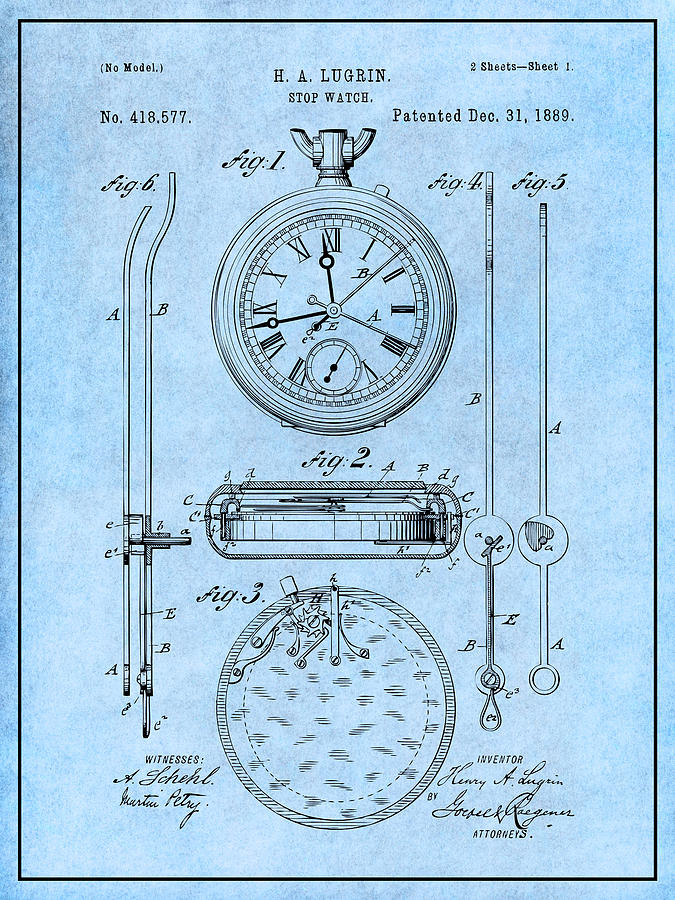 1889 Stop Watch Light Blue Patent Print Drawing by Greg Edwards