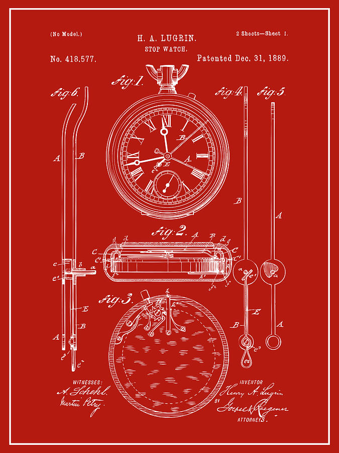 1889 Stop Watch Red Patent Print Drawing by Greg Edwards