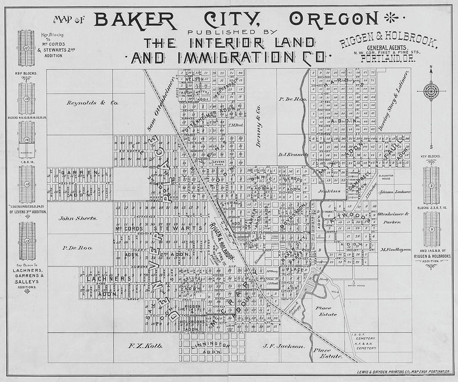 1890 Historical Map of Baker City Oregon in Black and White Photograph by Toby McGuire