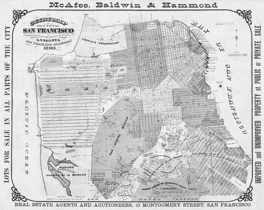 1890 Historical Map of San Francisco in Black and White Photograph by Toby McGuire