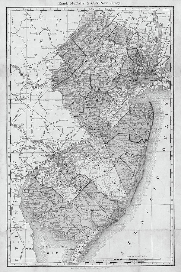 1890 Historical New Jersey Map in Black and White Photograph by Toby McGuire