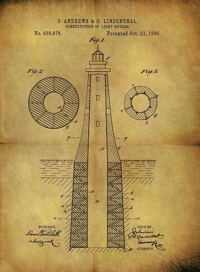 Lighthouse Drawing - 1890 Lighthouse Patent by Dan Sproul