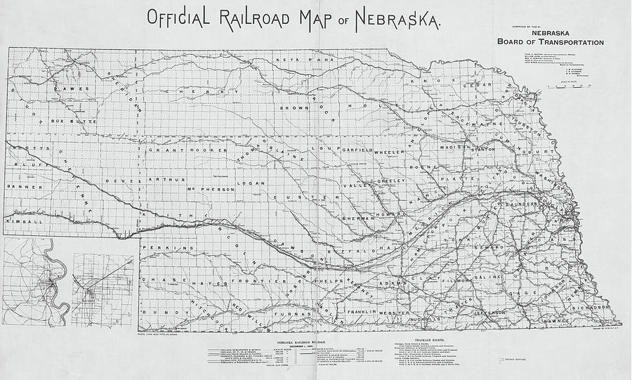 1890 Official Railroad Map of Nebraska Black and White Photograph by Toby McGuire