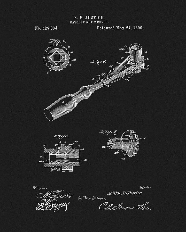 1890 Ratchet Nut Wrench Patent Drawing by Dan Sproul
