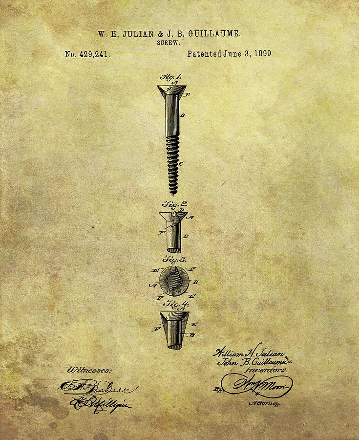 Screwdriver Drawing - 1890 Screw Patent by Dan Sproul