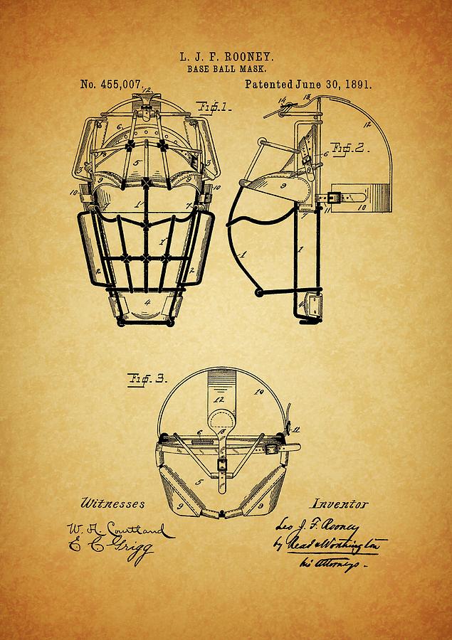 1891 Baseball Mask Patent Drawing by Dan Sproul