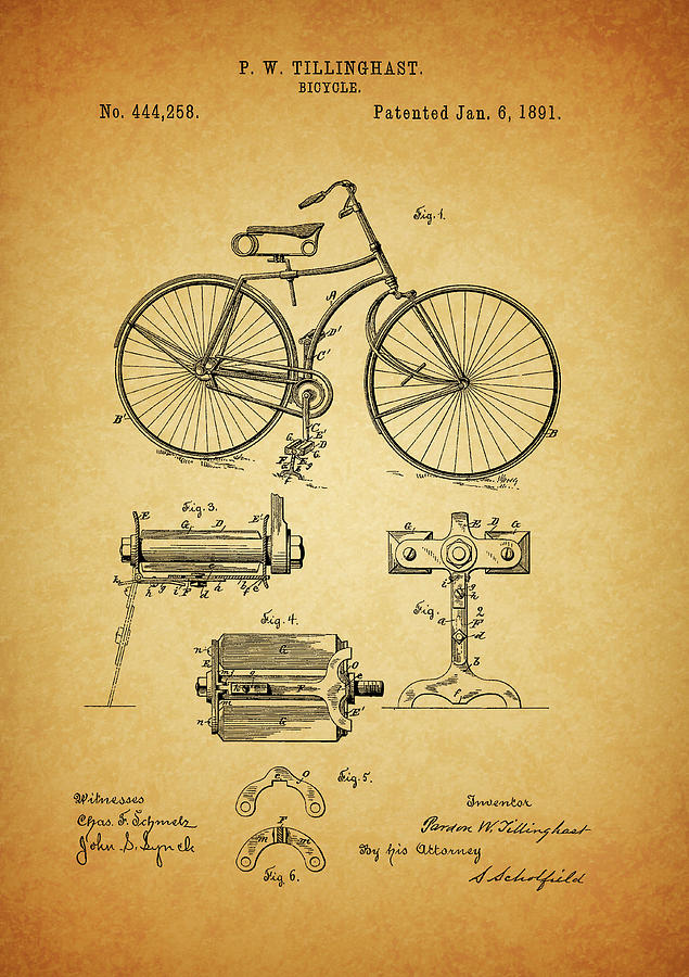 Bicycle Drawing - 1891 Bicycle Patent by Dan Sproul